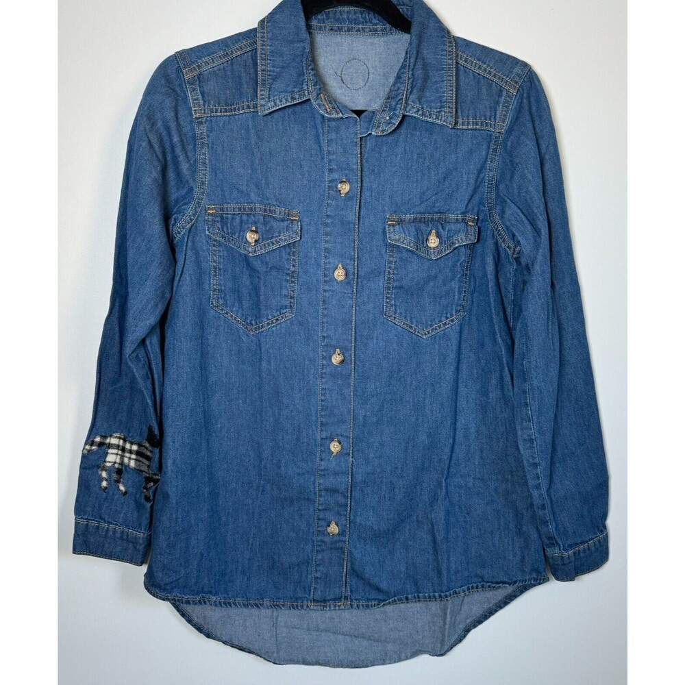 Equestriess Atelier Denim Shirt Womens Small Blue Western Horse Plaid‎ Patch